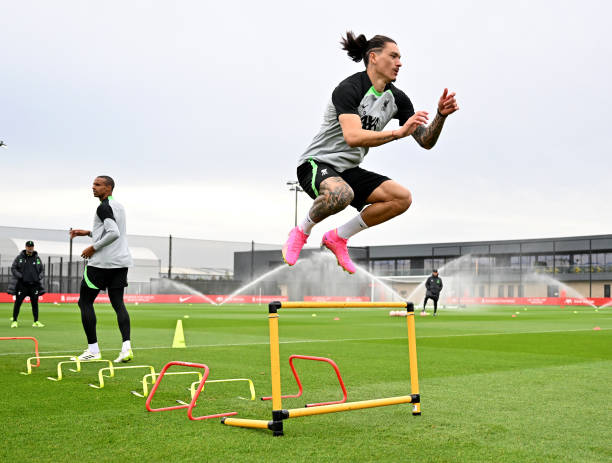 Darwin Nunez of Liverpool during a training session at AXA Training Centre on September 28, 2023 in Kirkby, England.