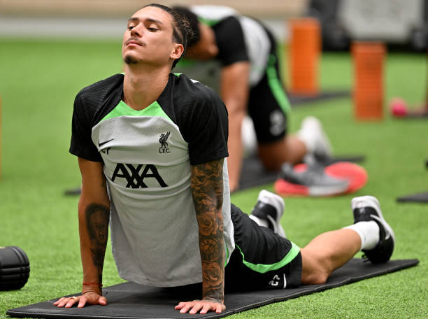 Darwin Nunez of Liverpool during a training session at AXA Training Centre on July 12, 2023 in Kirkby, England.