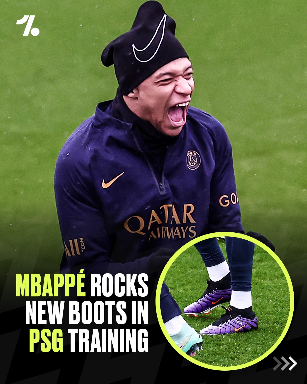 May be an image of 1 person, playing American football, playing football, studded shoes and text that says "% GO ATAR RVAYS MBAPPÉ ROCKS NEW BOOTS IN PSG TRAINING C"