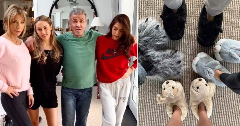 Sylvester Stallone dons jazzy fluffy slippers for family ...