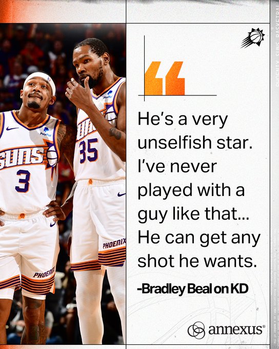 Annexus Quote Graphic with a picture of Bradley Beal and Kevin Durant: "He’s a very unselfish star. I’ve never played with a guy like that... He can get any shot he wants." - Bradley Beal