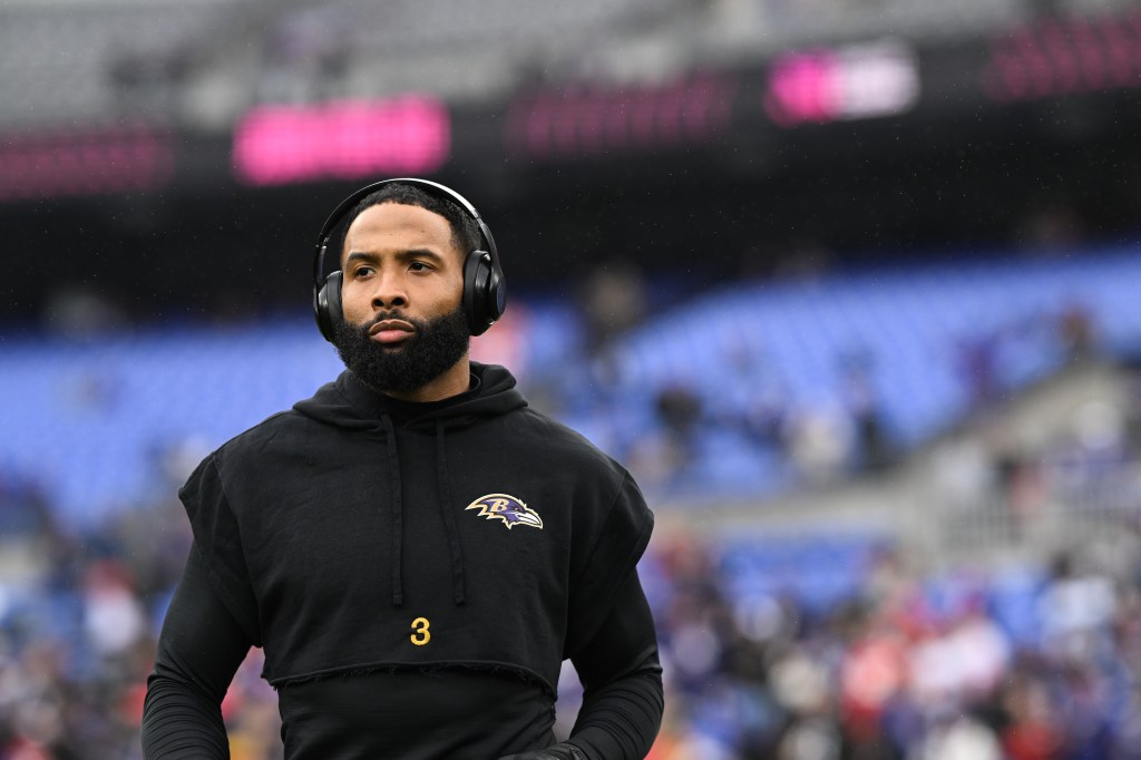 Odell Beckham Jr. warms up prior to the AFC Championship game against the Kansas City Chiefs January 28, 2024 in Baltimore, Maryland. 