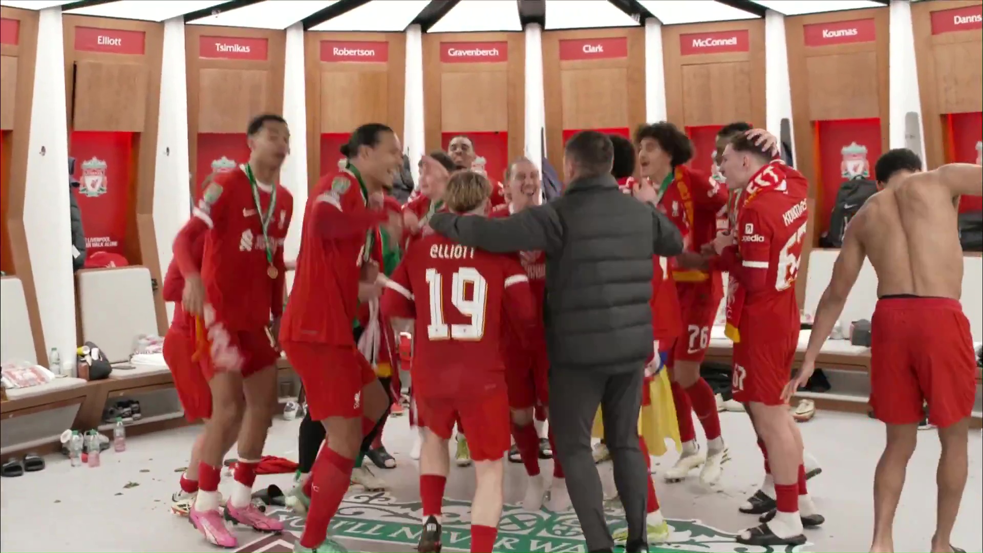 The winners sang along to Dua Lipa's 'One Kiss' in the Wembley changing room