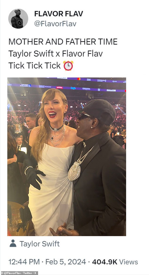 'The discussion [at the Grammys] was about me congratulating her on all her success. And me being a big fan of hers, a big supporter of hers. Having her acknowledge that her fan base "Swifties" gave me a name, "King Swiftie,"' Flav told People