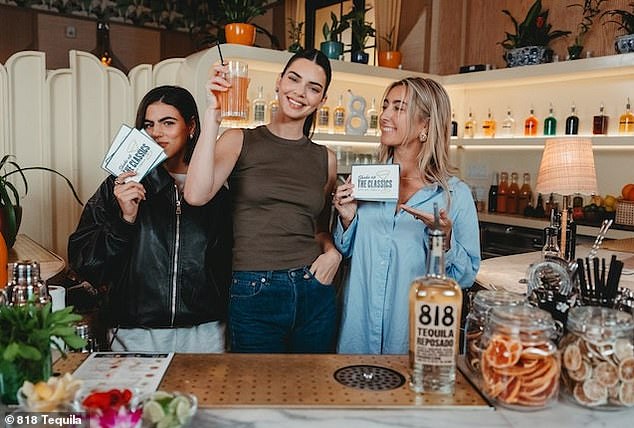 Kendall also posed with her pretty personal assistants Kelsey Kershner and Sofia Villarroel. 'You guys know I like putting 818 Tequila in any cocktail,' she said on her Insta Stories as she stood behind a bar