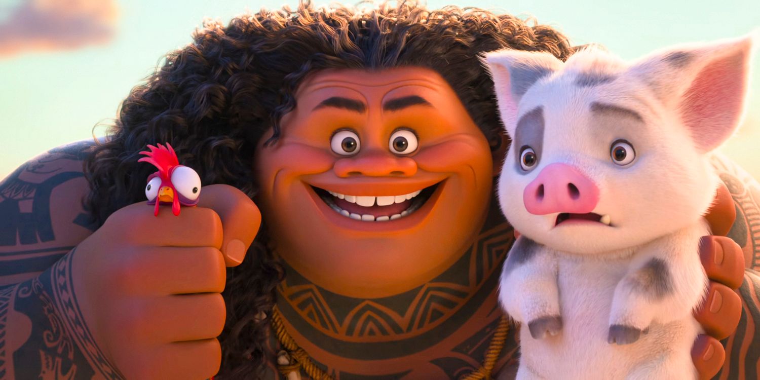 Maui smiling as he holds onto Hei Hei and Pua in Moana 2