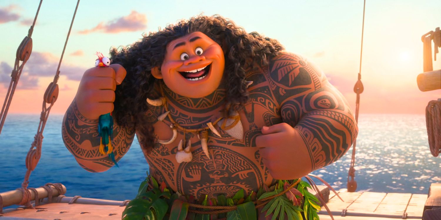 Maui smiling and holding Hei Hei in Moana 2